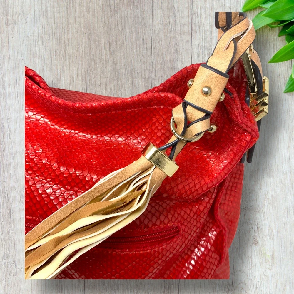 Sondra Roberts Squared Red Snakeskin Print Slouchy Shoulder Bag Tassel Hobo